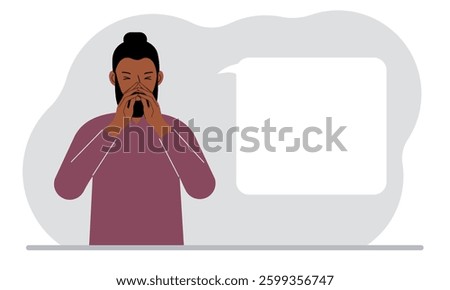 The man covers his nose with his hands. The concept of a sick person, sneezes, seasonal allergies, bad smell.