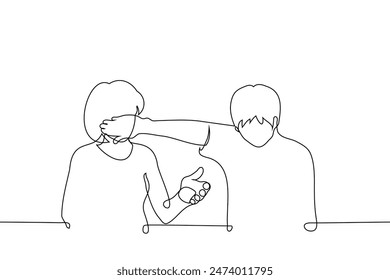 man covers the mouth of a standing gesturing woman with his palm - one line art vector. concept of shutting up your wife, getting tired of other people's chatter