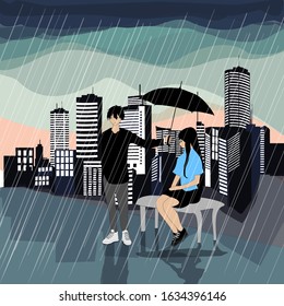 a man covers a woman in the rain, first love. Vector illustration 