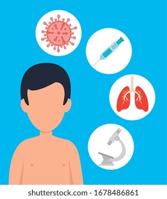 man with covid 19 disease and icons vector illustration design