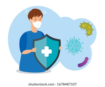 man with covid 19 disease and icons vector illustration design