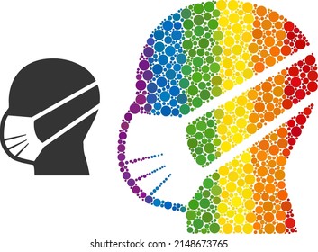 Man covid mask mosaic icon of round items in different sizes and rainbow color hues. A dotted LGBT-colored man covid mask for lesbians, gays, bisexuals, and transgenders.