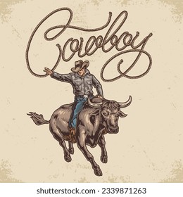 Afiche vintage colorido del hombre vaquero con jinete sentado en toro salvaje para promocionar la ilustración vectorial del festival de rodeo