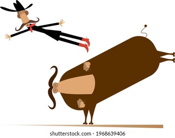 Man or cowboy falls from the bull illustration.
Comic man or cowboy in Stetson hat falls from the bull isolated on white
