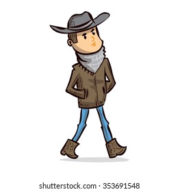 A man in a cowboy hat and boots. Hand drawn cartoon vector illustration