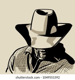 Man with cowboy hat and checkered shirt. Western. Portrait. Digital Sketch Hand Drawing Vector. Illustration.