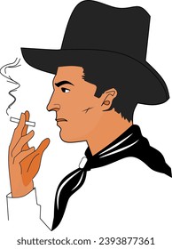 man in cowboy hat with cigarette, vector illustration 