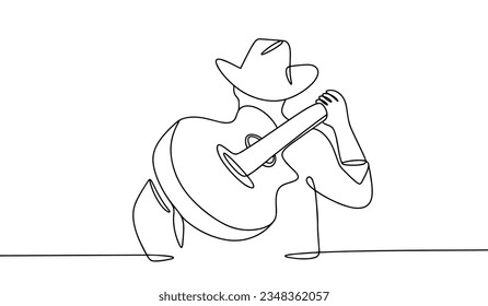 A man in a cowboy hat with a guitar stands with his back. International Country Music Day. One line drawing for different uses. Vector illustration.