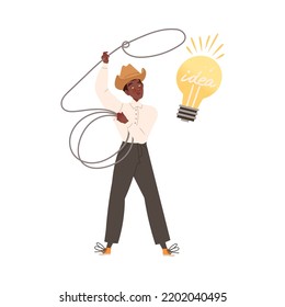 Man in Cowboy Hat with Lasso Catching Light Bulb as Smart Idea and Solution Vector Illustration