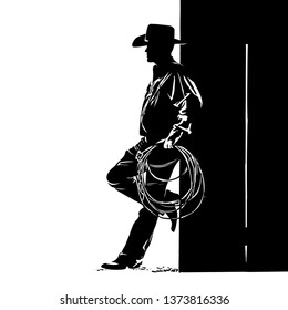 Man With Cowboy Hat And Lasso. Digital Sketch Hand Drawing Vector. Illustration. 