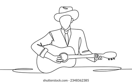 A man in a cowboy hat plays the guitar. International Country Music Day. One line drawing for different uses. Vector illustration.