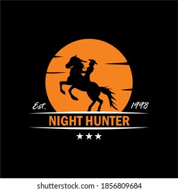 Man in a cowboy hat riding a horse at sunset / Moon logo design illustration