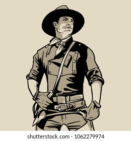 Man with cowboy hat and shirt and scarf. Western. Portrait. Digital Sketch Hand Drawing Vector. Illustration.