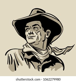 Man with cowboy hat and shirt and scarf. Western. Portrait. Digital Sketch Hand Drawing Vector. Illustration.