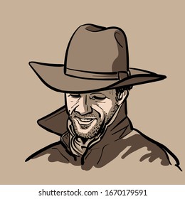 Man with cowboy hat and shirt and slicker. Western. Portrait. Digital Sketch Hand Drawing Vector. Illustration.