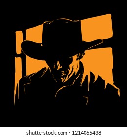 Man with cowboy hat silhouette in backlight. Vector. Illustration.