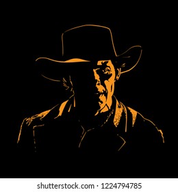 Man with cowboy hat silhouette in backlight. Vector. Illustration.