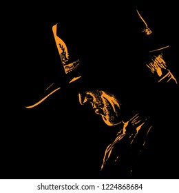 Man with cowboy hat silhouette in backlight. Vector. Illustration.