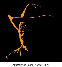 Man with cowboy hat silhouette in contrast backlight. Vector. Illustration.