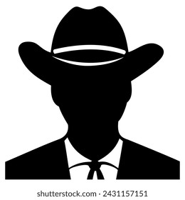 Man in cowboy hat and suit, sheriff. Silhouette head for avatars, user profiles. Designed to good fit in square and circle. Vector clipart isolated on white.