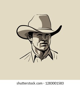 Man with cowboy hat. Western. Portrait. Digital Sketch Hand Drawing Vector. Illustration.