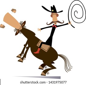 Man or cowboy rides on horse isolated illustration. Cartoon rodeo illustration with cowboy holding a lasso and horse isolated on white