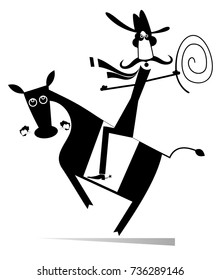 Man or cowboy rides on horse isolated. Cartoon rodeo illustration with cowboy holding a lasso and horse

