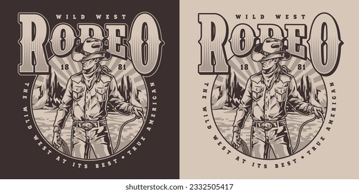 Man cowboy vintage sticker monochrome inviting to participate in rodeo and use lasso to catch bull or bronco vector illustration