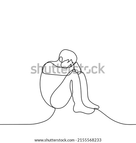 man cowered on the floor - one line drawing vector. concept of sadness, despair, vulnerability, weakness, fear and loneliness