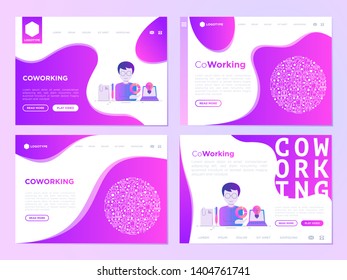 Man in coworking office web page template. Thin line icons: workplace, meeting room, conference hall, smart office, parking, reception, fast internet, 24 hour access, IT support. Vector illustration.