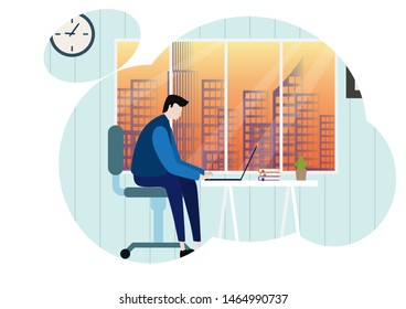 Man in coworking open space in front of the window. Flat design concept of office workspace