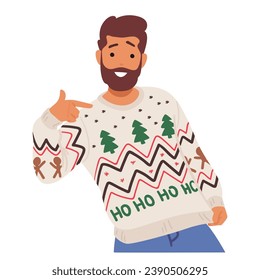Man In A Cozy Christmas Sweater With Festive Patterns, Spreading Holiday Cheer With A Warm Smile And A Twinkle In His Eyes. Bearded Male Character Posing. Cartoon People Vector Illustration
