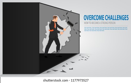 Man Cracking Old Concrete Wall. Businessman Smashing A Wall With A Hammer. The Notion Of Breaking Down Barriers And Achieve Goals. Concept Of Overcoming Obstacles, Overcome Challenges, Strong Person. 