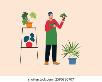 A man was crafting, he planted some flowers and houseplants.
design, vector, illustration
