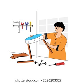 A man crafting and repairing wooden structure, carpenter flat illustration
