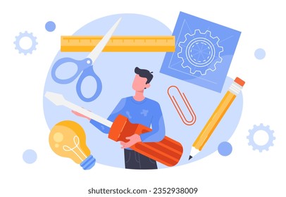Man with crafting tools concept. Equipment for builders and contractors, toolbox inventory. Screwdriver, scissors, and light bulb, blueprint. Workshop and studio. Cartoon flat vector illustration