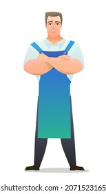 Man craftsman or artist. Guy in apron. Master in workwear. Cheerful person. Standing pose. Cartoon comic style flat design. Single character. Illustration isolated on white background. Vector
