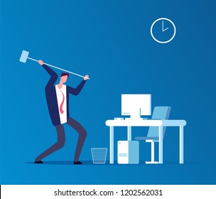 Man crashes computer. Frustrated angry user with hammer crashing workplace in office. Program problems and pc error vector concept. Manager crash computer, problem workplaces