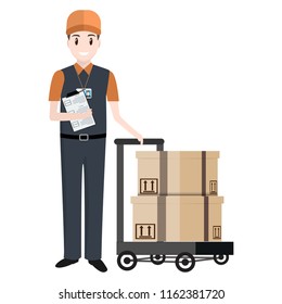 Man and crate on handcart icon, Delivery service illustration