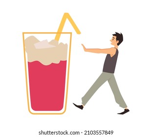 Man with craving for sweets and addiction to sugar, tries to give up the sweet drink, flat vector illustration isolated on white background. Sugar consumption concept.