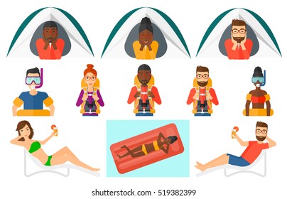 Man crawling out from a camping tent. Man with his hands on cheek lying in camping tent and relaxing. Man sitting on beach chair. Set of vector flat design illustrations isolated on white background.