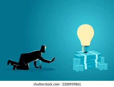 Man crawling to reach the ligh bulb on money stack, rising energy prices, energy crisis, vector illustration