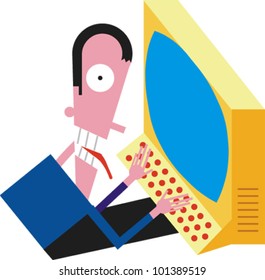 Man with a crazed look working on a computer