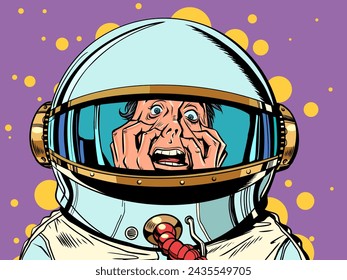 Ein Mann mit einem verrückten Blick steckt in einem Astronautenanzug fest. Space Horror Verzweiflung der Shuttle-Crew. Unvorstellbare Angebote für Männer. Comic Cartoon Pop Art Retro Vektor-Illustration Handzeichnung