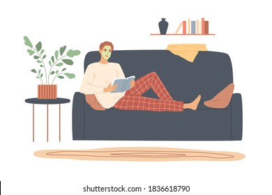 Man with cream on his face lies on the sofa and reads