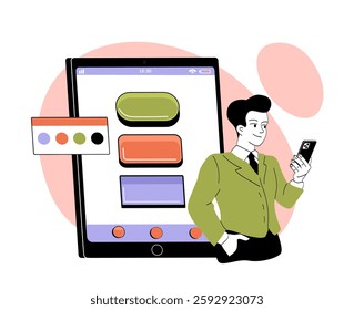 Man create design for app. Young guy near smartphone with templates of buttons. Graphic designer develops UI and UX design for programs and application. Linear vector illustration