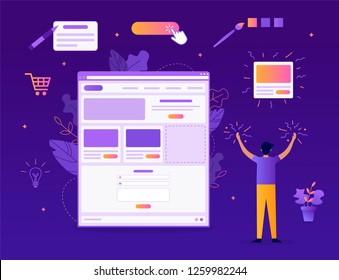 A man creates his own website. It's magic. Website builder concept. Web development. Flat vector illustration.