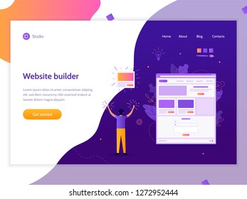 A man creates his own website. Website builder concept. Vector illustration template for web site. Flat design.