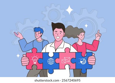Man creates ideas with light bulb and jigsaws. Joining forces. creative teamwork. big idea business inspiration problem solution concept. innovation outline vector illustration.
