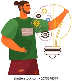 Man creates new business idea. Male character near light bulb with gears. Creation of optimal solution, development of creative thinking, strategy planning. Mental mindset, imagination concept